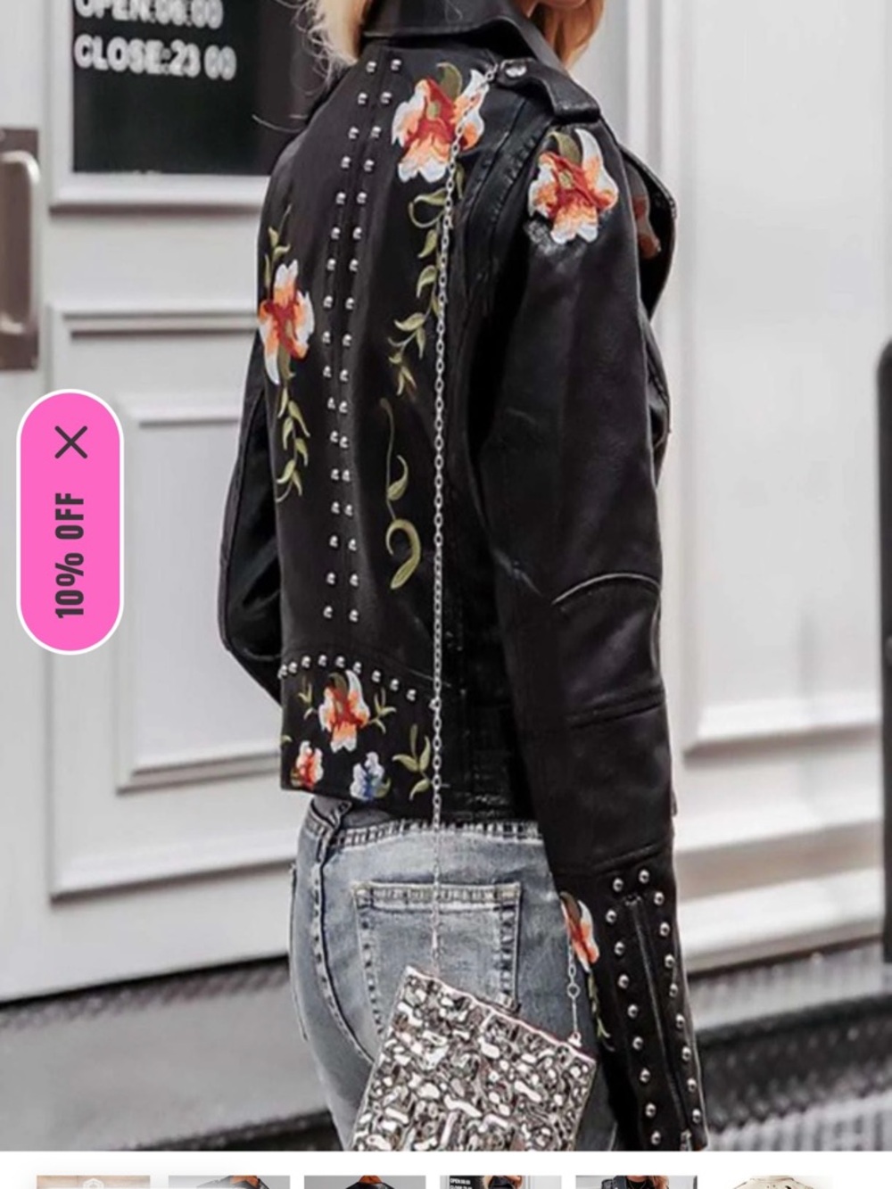 Women's Black Embroidered Faux Leather Moto Jacket - Picture 4 of 14
